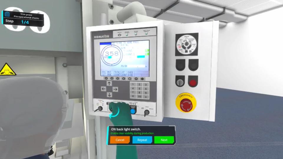 Screenshot showcasing the case study on immersive VR training for precision manufacturing, highlighting key features like virtual simulations, operator training, and technological benefits such as safety improvements and cost savings