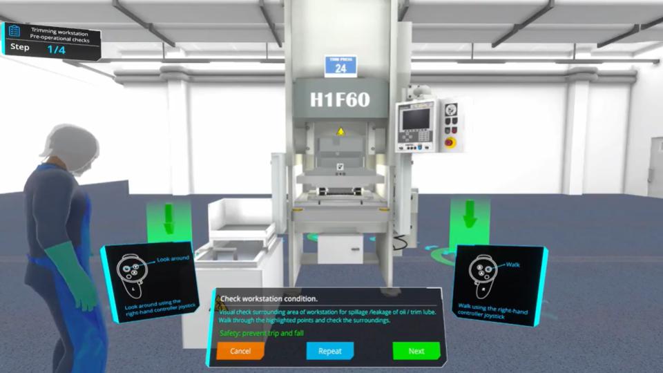 Screenshot showcasing the case study on immersive VR training for precision manufacturing, highlighting key features like virtual simulations, operator training, and technological benefits such as safety improvements and cost savings